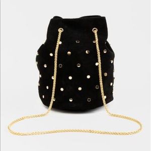 Faux suede nailhead bucket bag black gold